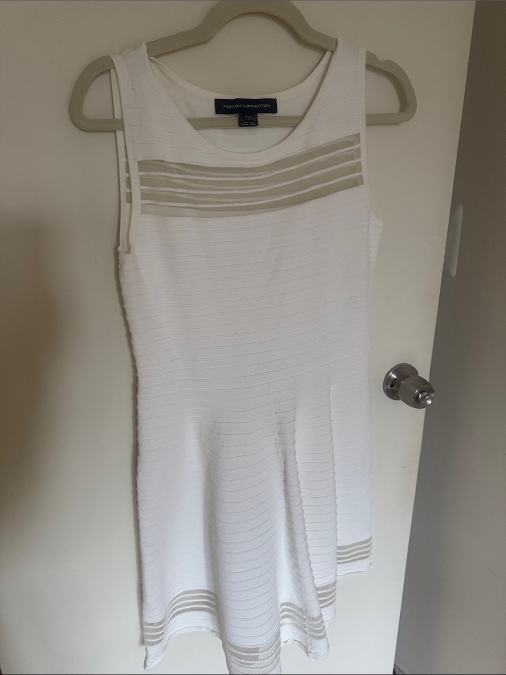 French Connection White Sleeveless A-Line Dress with Sheer Stripe Insets